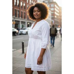 J‎ Crew White Cotton Eyelet Lace Trimmed V Neck 3/4 Sleeve Dress Size L